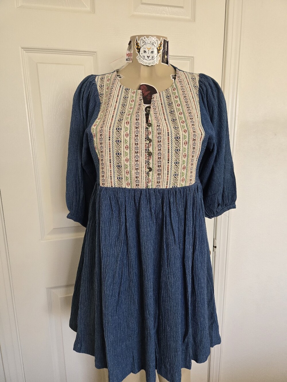 Bohemian Indigo Blue Embroidered Yoke Dress